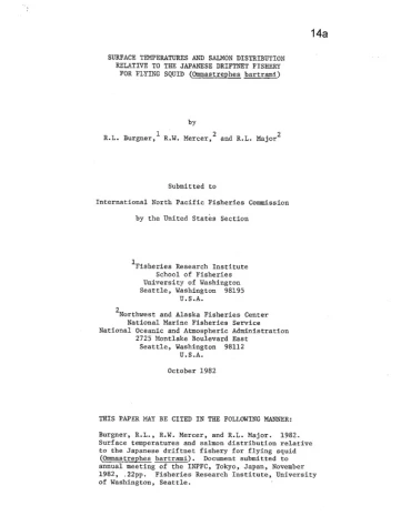 1982 Surface Temperatures and Salmon Distribution Relative to the Japanese Driftnet Fishery for Flying Squid NPFC