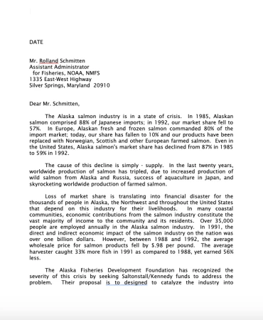 1993 NOAA Letter of Support for AFDF- Saltonstall/Kennedy salmon grant ...