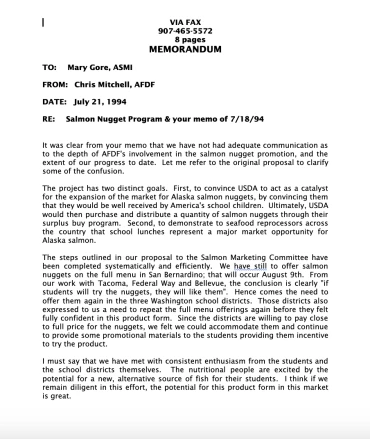 1994 AFDF memo to ASMI re: salmon nuggets project